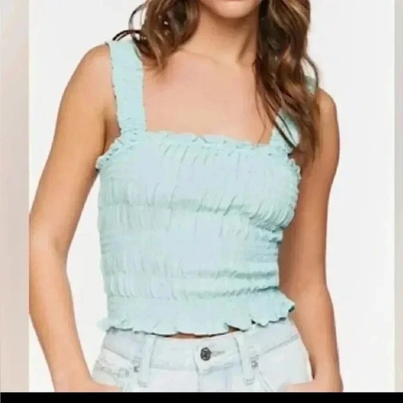American eagle smocked crop top tank mint green medium lightweight juniors girl - Picture 1 of 7
